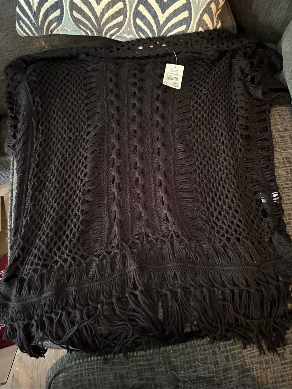Cato Black Crochet Fringe Poncho